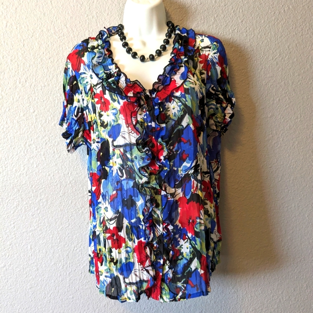 Style & Co Floral Short Sleeve Blouse Ruffled Button Down B Neck Sz.10
